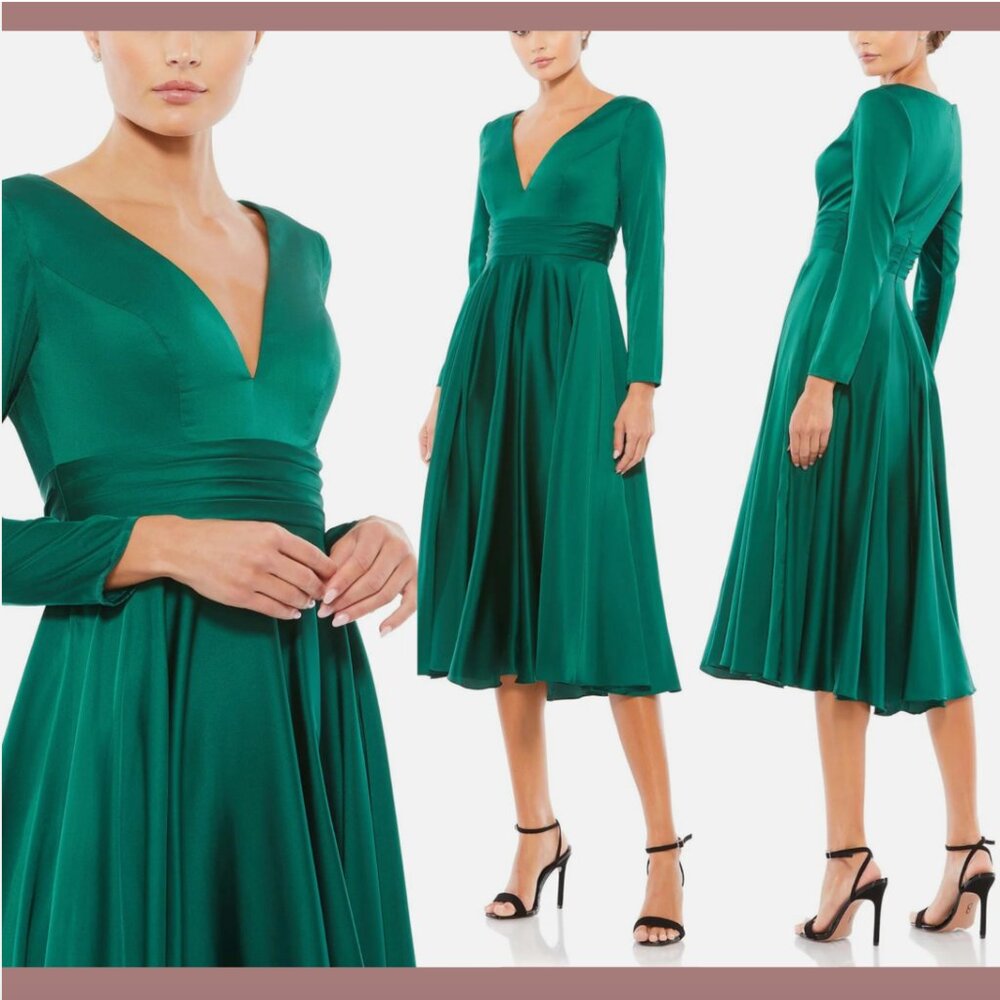 NWT $338 IEENA Mac Duggal [ 10 ] Plunge Neck Satin A Line Dress‎ Emerald #Q697